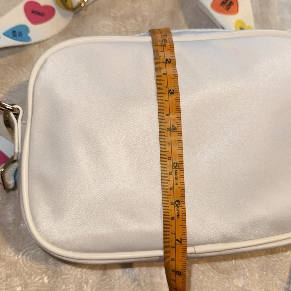 ah-DORNED New York White Small Crossbody Bag Zip Multicolor Heart Strap.